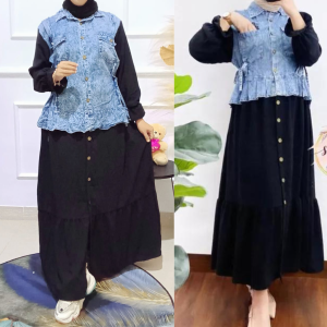 Rasya Midi Dress Jeans Kombinasi Crinkle Airflow Gamis Wanita Dewasa Jumbo LD 120 cm Rompi Menyatu