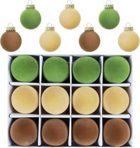 Velvet Ornaments for Christmas Tree 12 PCS Flocked Christmas Balls Ornament 2.36 Inch Velvet Christmas Ornaments Xmas Tree Decoration Shatterproof Christmas Ornaments for Holiday (Brown Green Beige)