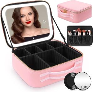 Travel Makeup Bag with Mirror of LED Lighted Makeup Train Case with Adjustable Dividers Makeup Case with Mirror and Detachable 10x Magnifying Mirror