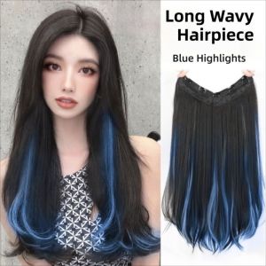 JON09 Synthetic Long Wavy Hairpiece U-shaped Layered Gray Blue Gradient Hair Piece Fake Hair Invisible Clip in Hair Extensions Women