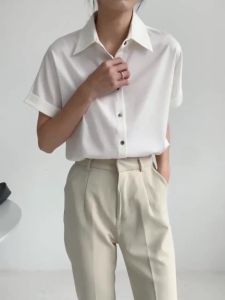 IELGY white satin short-sleeved chiffon shirt female polo professional temperament top