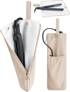 Lifeplus Holder & Mat for Hot Tools Curling Iron Flat Iron Heat Resistant Hair Tools Travel Bag - Ideal for Home Travel Gift (Beige)