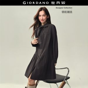 Giordano Women Detachable ribbon collar gingham dress Free Shipping 18466320