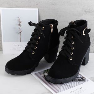 [Free Shipping] Matte Finish WomenS Boots Chunky Lace-Up Ankle Boots High-Heeled Chunky Heel Round Toe New Spring Style