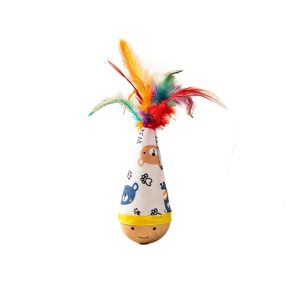 OUTOPEN Cartoon Pattern Cat Tumbler Wobbler Toys Wear-Resistant with Feather Cat Interactive Toys Portable Bite-Resistant Kitten Wobble Ball Indoor Play