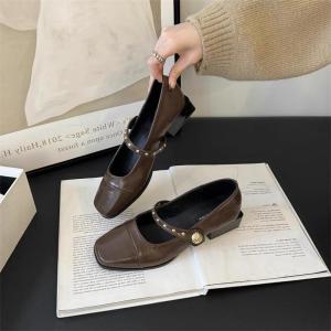 2024 Summer Square Headed Single Shoes Womens Straight Line with Shallow Mouth Thick Heels Casual Shoes