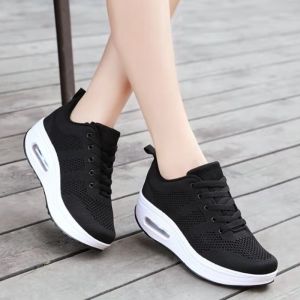 Best Sellers Korean Fashion Air Cushion Jogging Sneakers For Women Laces Comfort Breathable Casual Black Rubber Shoes For Women On Sale