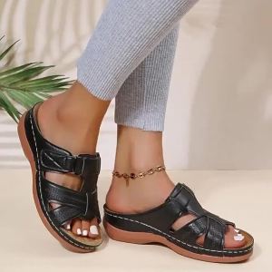 Plus Size Summer Casual Retro Wedge Thick-Soled Stitched Leather One-Strap WomenS Fashion Slippers