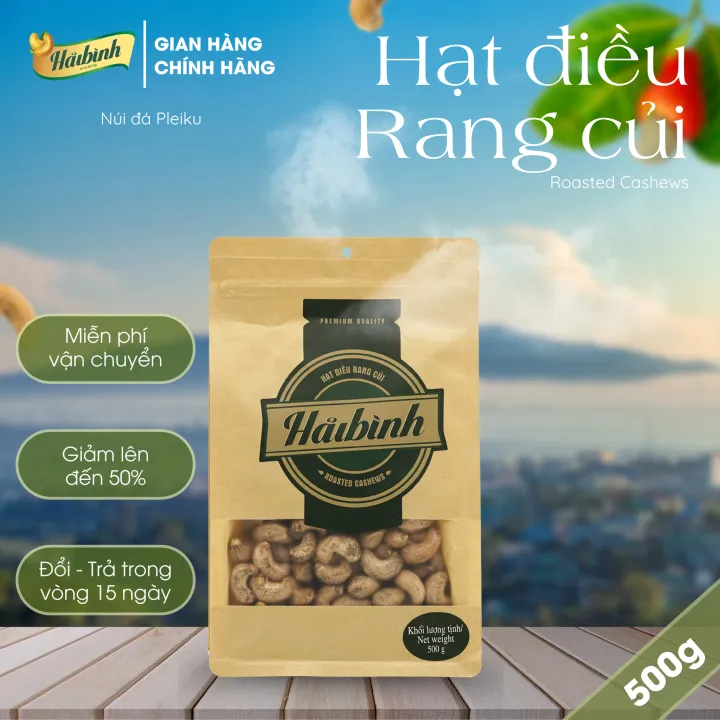 Hạt điều rang củi Hải Bình Gia Lai 500Gr - Túi Zipper giấy - Ăn Vặt (Còn vỏ lụa, date mới) Food Nuts Snack Thức Ăn