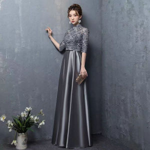 DINNER DRESS Womens Demure And Generous Senior Evening Dress Lace Embroidery Plus Size 灰色中袖长款晚礼服生日宴会连衣裙