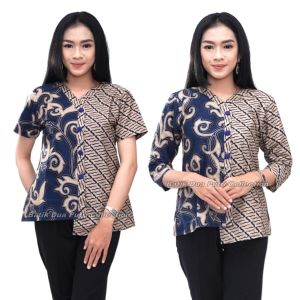 Batik Wanita Atasan Blouse Modern Lengan Pendek Dan Panjang Warna Navi Coklat SIZE S-M-L-XL-XXL Batik Dua Putri Pekalongan - C-MUD