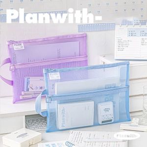 THREADJOY Multifunctional Mesh Zipper Pouch Transparent Solid Color File Folder Bag Creative Nylon Stationery Organizer Pouch School Office Supplies