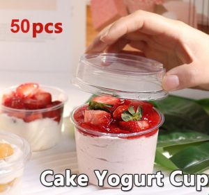 50Pc Round Pudding Deli Containers Dessert Container Mousse Mini Cake Disposable Pudding Cup Cover