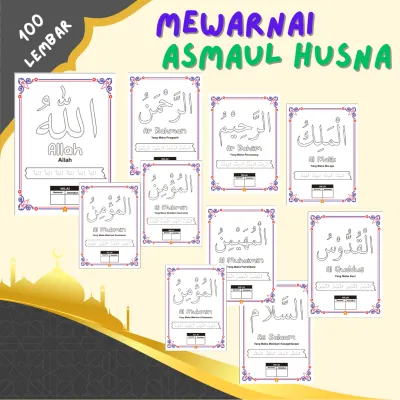 lembar 100pcs mewarnai 99 asmaul husna islami