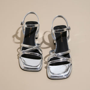 High Heels Womens Wear A Strap Not Tired Block Heel Fashionable and Versatile Silver Sandals Roman Shoes