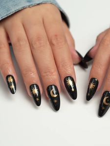 24 cái Gothic hạnh nhân hình dạng Báo Chí trên chiều dài trung bình móng tay đầu mũi của Pháp móng tay giả với trăng sao thiết kế cho giản dị hoặc bên