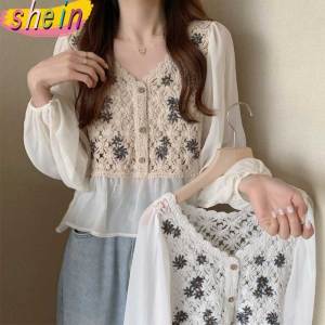 612 เสื้อลูกไม้สวย เสื้อครอป ท็อป ผ้าถักงานปักดอกทานตะวันเสื้อซีทรูตะมุตะมิน่ารักมากๆ เสื้อชีฟองปักลาย