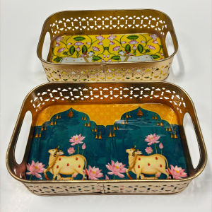 Pichwai Printed Decorative Metal Tray | Lightweight Festive Home & Pooja Décor | Budget & Return Gift | Pack of 1 Pc (Size - 22x14x6 cm)