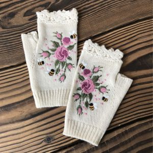 HULEQQI Cổ điển Găng tay đan thêu Hoa Ong Găng tay len mùa đông Quà tặng Chống thấm nước Găng tay hoa móc Các cô gái