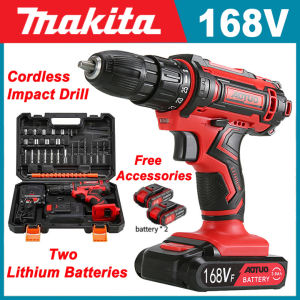【2×Batter】Makita Japan Original Electric Impact Drill 168V Cordless Hand Drill Power Tools Hammer Drill Drill Double-Speed Cordless Drill 2 Li-Ion Battery Multifunctional Electric Drill Screwdriver with LED Light Accessory Set
