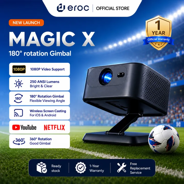 Eroc Magic X Smart Projector 180° Rotation Gimbal 1080P Video Support 250 ANSI Lumens Bright & Clear Flexible Viewing Angle Wireless Screen Casting For iOS &