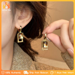 Vintage Gold Rectangle Brown Crystal Dangle Earrings Elegant Hoop Drop Earrings Women Fashion Jewelry for Party Daily Wear