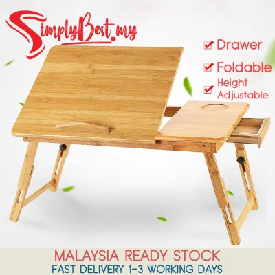 SIMPLYBEST Portable Eco Friendly Foldable Bamboo Bed Laptop Desk Adjustable Lap Notebook Table Stand Tray with Drawer Normal