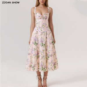2025 Romantic Pink Floral Print Bow Ruched Bra Chest Sling Dress Women Low Waist Fold Swing Lace Lining Midi Long Dresses Robe2026