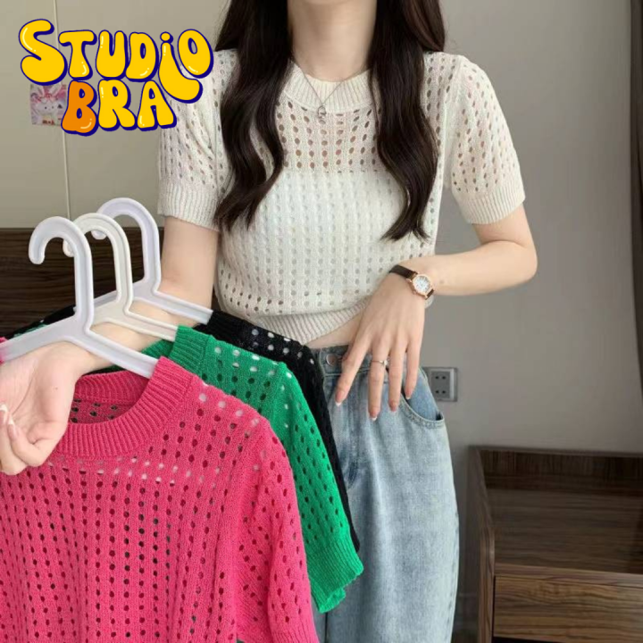 𝙎𝙩𝙪𝙙𝙞𝙤 𝘽𝙧𝙖 - เสื้อครอปแขนสั้น ไหมพรมตาข่าย ซีทรูเบาๆ ผ้าทอถัก คอกลม ...