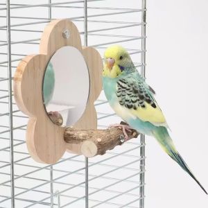 CRUSHES Wooden Bird Toy Flower Square Bird Perch Stand Creative with Mirror Parrot Toys Cage Accessories