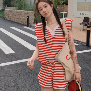 Missliu thời trang mùa hè phong cách mới giản dị sọc đan v cổ áo ngắn tay áo Top+quần short hai mảnh