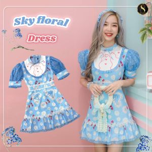 8 Studio Brand เสื้อผ้าแบรนด์แท้การันตี มินิเดรส สีฟ้าพิมพ์ลายดอกไม้ แขนสั้น ใส่วันแม่ น่ารักๆ