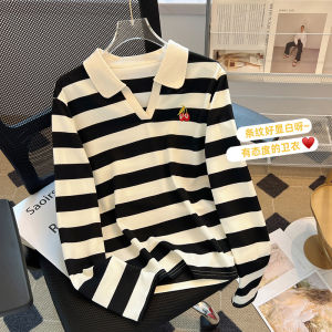 AMMIN Korean Style Embroidery Stripes Polo Collar Long Sleeve Pure Cotton T-shirt Womens Fashionable Fruit Embroidery Elegant Blouse 2024 Autumn