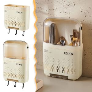 DSFSI Cream Color Spoon Fork Chopstick Holder Wall-mounted Dustproof Utensil Drainage Shelf Morden Space Saving Kitchen Storage Rack Household