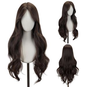 STYLER Brown Middle Part Wig with Bangs for Women -26 Inch Long Wavy Brown Wigs Synthetic Heat Resistant Hair Natural Looking Wigs for Daily Use Halloween Christmas Cosplay Party