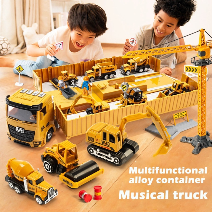 Kids Musical Engineering Vehicle Toy Alloy Truck Crane Trailer