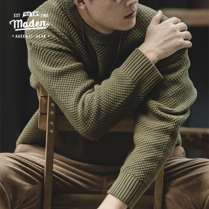 Maden Áo Len Dày Họa Tiết Quả Dứa Màu Xám Cổ Điển Nhật Bản Phong Cách Dụng Cụ Thương Hiệu Áo Len Nam Trưởng Thành Trễ Vai Cổ Tròn Màu Trơn Dày