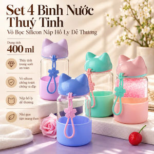 Set 2 Bình Nước Thủy Tinh Bọc Silicon Nắp Mèo Con Thỏ Con 400ml Dễ Thương