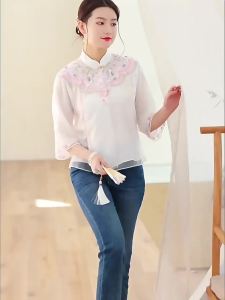 FE Chinese Girl Organza Cheongsam Top Women Short Chic Improved Young Spring Loose Tang Suit Tea Clothes Summer 1.12