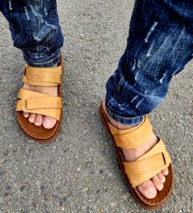 Dép quai ngang nam da bò cao cấp 02 lớp da mềm mại ndkdela kiểu 02 quai kép may Handmade quai và đế rất chắc chắn n.dela