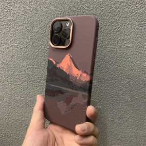 Mountain Peak Print Case for iPhone 16 17 Pro Max 15 With Magnetic Wireless For Magsafe Relief Carbon Color Hard PC Phone Shell