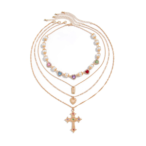 Pack Of 4 Dainty Zircon Crucifix Necklace Set Multilayer Heart Imitation Pearls Neckchain Stackable Clavicle Chain