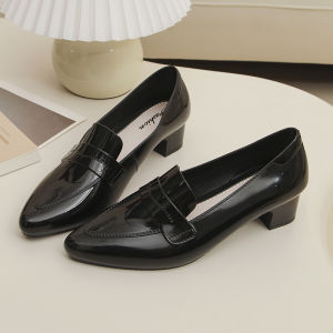 Womens low-heeled pointed-toe flats retro commuter square-toed slip-on mid-heel loafers (24-hour stock)