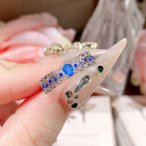 Nhẫn zircon màu xanh biển hình giọt nước với tua rua ren siêu tiên nữ phong cách Pháp mới Nhẫn đa năng tinh tế hàng ngày