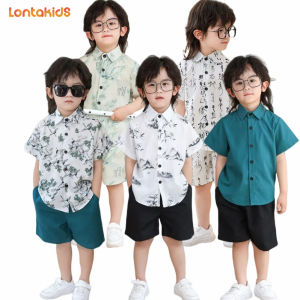 lontakids Summer Boys Chinese Ink Style Short Sleeve Button Down Shirt Suit Lapel Loose Shirt Childrens Clothing