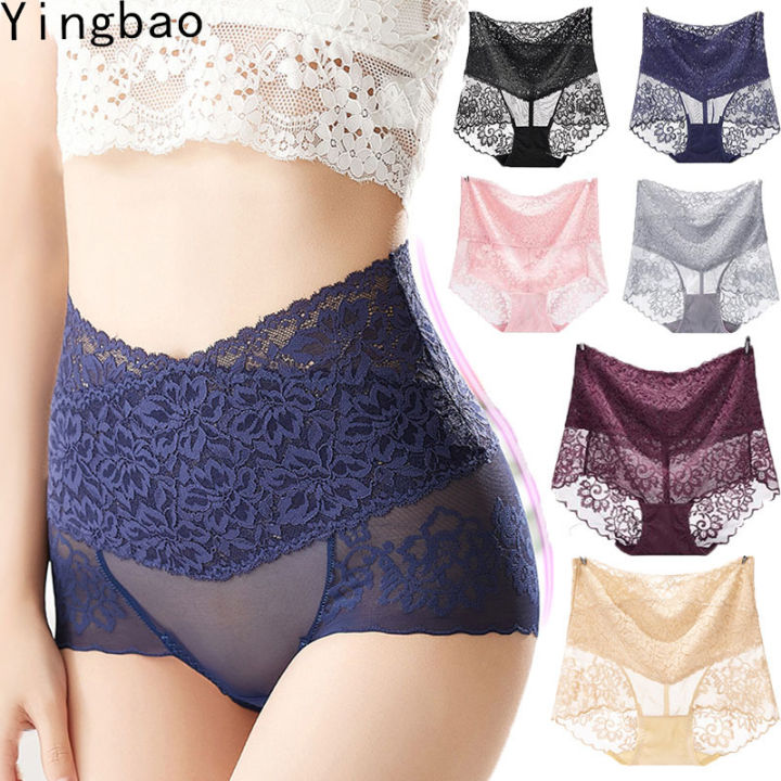 Yingbao M L XL Underwear Woman Summer Sexy High Waist V-shaped Lace Women's  Panties Comfortable Seamless Brief for Ladies Black Pink Grey Maroon Dark  Blue