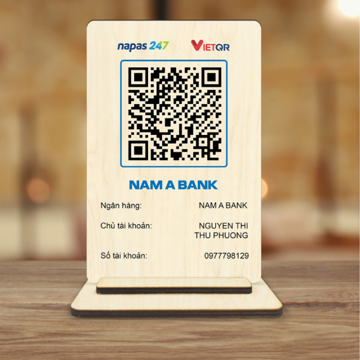 Bảng thông tin tài khoản ngân hàng Tên shop, mã QR thanh toán bằng gỗ ...
