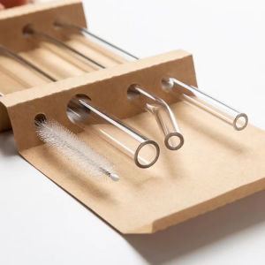 Set of 3 Glass Straws and 1 Cleaning Brush Reusable and Heat Resistant Wide Diameter Straws for Drinking Smoothies and Beverages Kraft Paper Box Transparent Heat-resistant Glass Straw Set