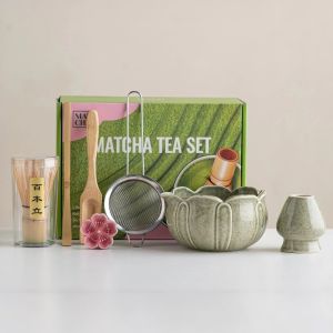 Matcha Tea Set Lotus Ceramic Bowl With Spout Bamboo Whisk Scoop Strainer Holder Retro Ceremony Kit