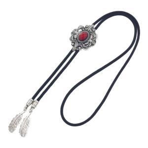 Braided Shoestring Bolo Tie with Engraving Stone Charm Cowboy Necktie Necklace Country Style Bolo Tie Cowboy
